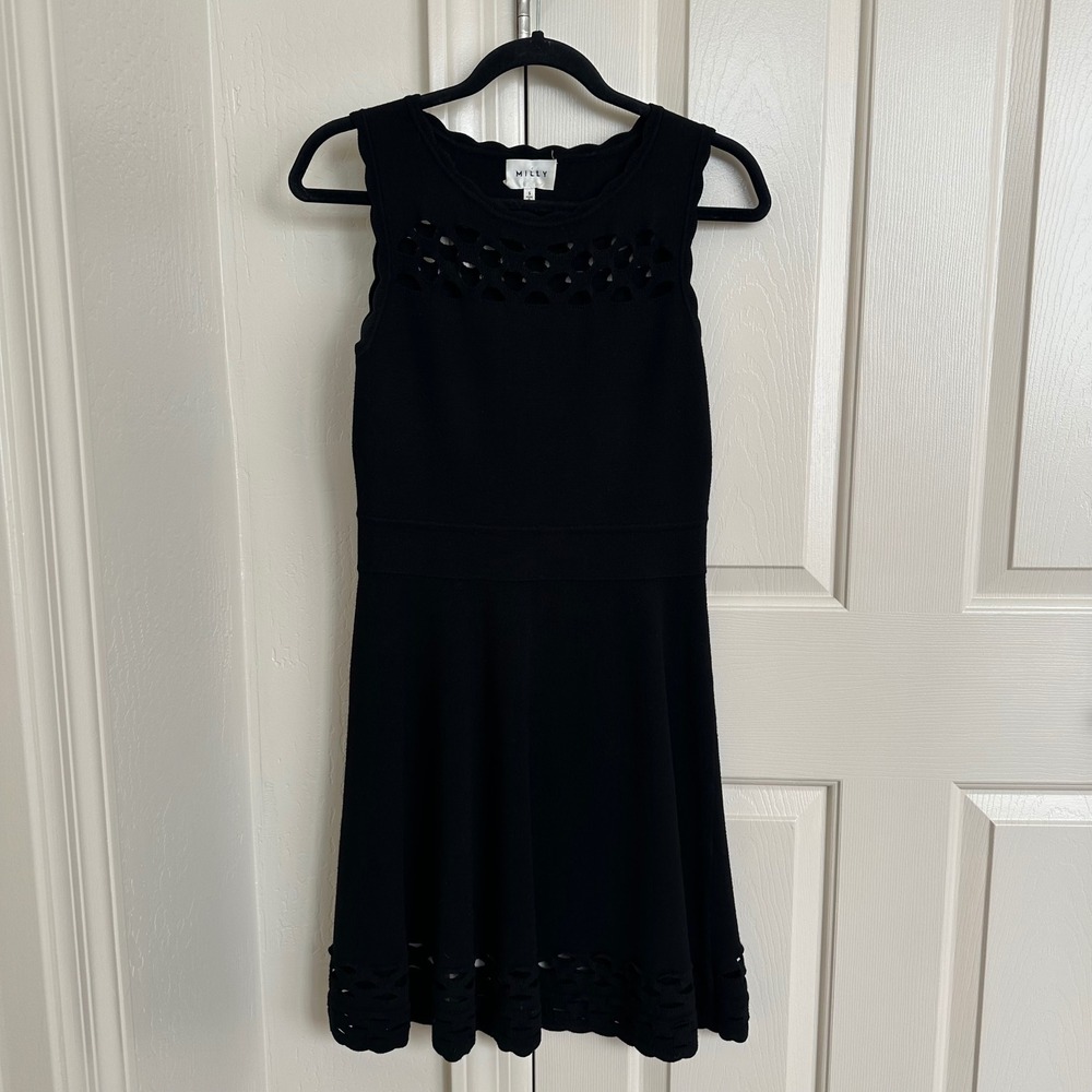 Milly Black Sleeveless Laser-Cut Scallop Knit Fit and Flare Dress - Size S